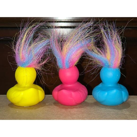 NEW Set of 3 Crazy Wild Rainbow Hair Troll Doll 2" Rubber Ducks Duckies Jeep - Picture 3 of 5